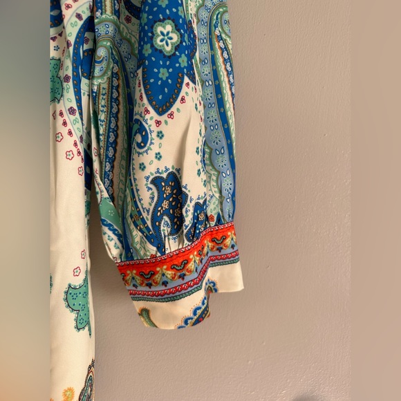 NWOT SHEIN blue/green Paisley Print Lantern Sleeve V neck Shirt Dress size Large - Picture 4 of 9